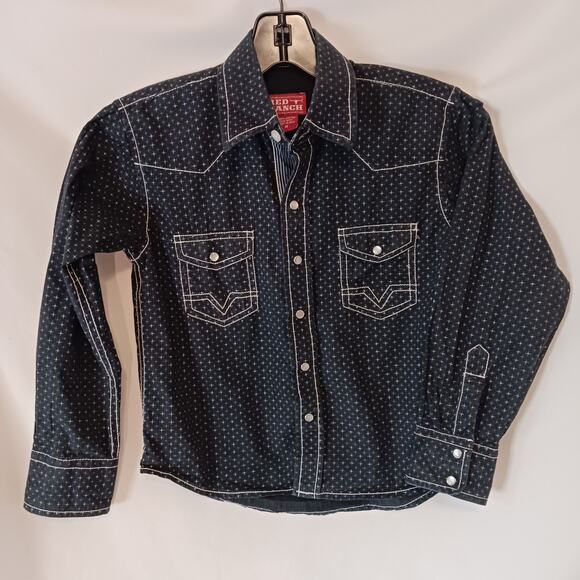 RED RANCH Western Rodeo Roping Dress Shirt Blue size kid's Medium Pearl Snaps - Picture 1 of 7